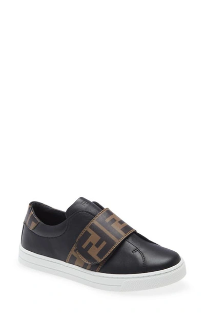 Fendi Teen Ff Logo Strap Sneakers In Black