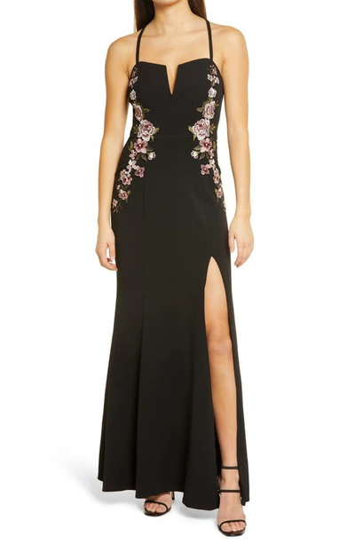 Speechless Rose Appliqué Crepe Gown In Black