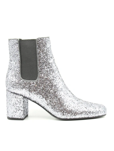 Saint Laurent Damas Glitter Ankle Boots In Silver Color