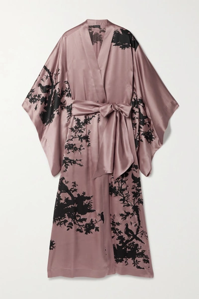 Carine Gilson Bird-print Silk-satin Long Robe In Antique Rose