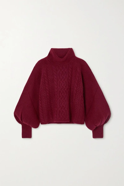 Adam Lippes Cropped Cable-knit Cashmere And Silk-blend Turtleneck Sweater In Burgundy