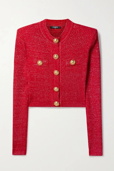 Balmain Button-embellished Metallic Jacquard-knit Cardigan In Red