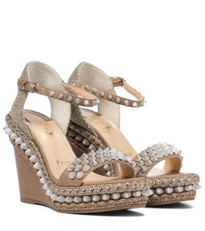 Christian Louboutin Lata 110 Spiked Leather Espadrille Wedge Sandals In Beige/ Silver