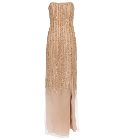 Marchesa Notte Strapless Beaded Embroidered Tulle Evening Gown In Gold