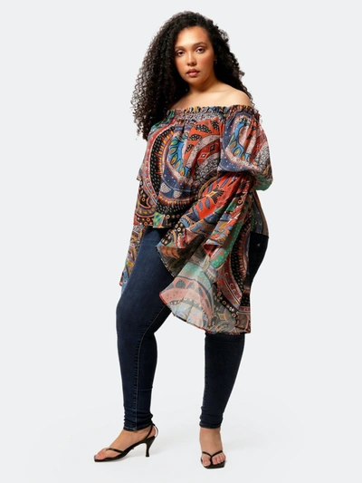 Luvmemore Ethnic Print Brittney Off The Shoulder Bell Sleeve Top In Blue