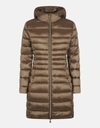 Save The Duck Women's Hooded Long Quilted Coat In Iris In Brown