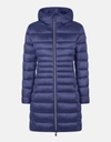 Save The Duck Women's Hooded Long Quilted Coat In Iris In Blue