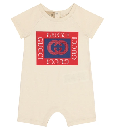 Gucci Babies' Logo Print Cotton Jersey Romper In 白色
