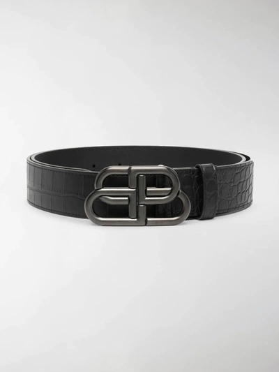 Balenciaga Bb Croc-effect Leather Belt In Black