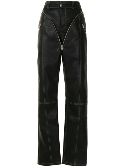 Y/project Black Faux-leather V Trousers In Black,green