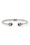Samuel B Jewelry Sterling Silver Bezel Set Trillion Cut Blue Topaz End Twisted Cable Hinge Bangle In Silver-blue