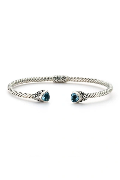 Samuel B Jewelry Sterling Silver Bezel Set Trillion Cut Blue Topaz End Twisted Cable Hinge Bangle In Silver-blue