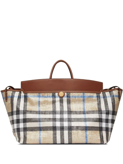 Burberry Woven Check And Leather Society Holdall In Neutrals