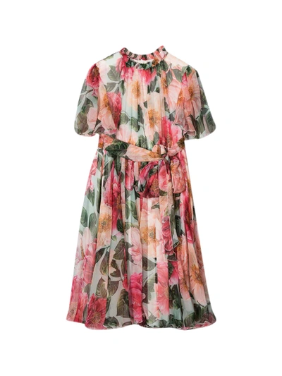 Dolce & Gabbana Kids' Floral Ruffled Crepe Dress In Pink