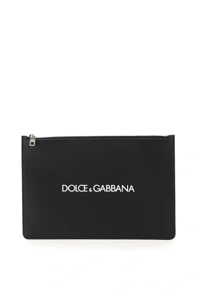 Dolce & Gabbana Logo Print Calfskin Pouch In Black,white