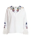 VALENTINO TAPESTRY FEATHER-TRIMMED EMBROIDERED COTTON PEASANT BLOUSE,400013004023