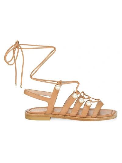 Stuart Weitzman Goldie Faux Pearl-embellished Leather Sandals In Brown,beige,white