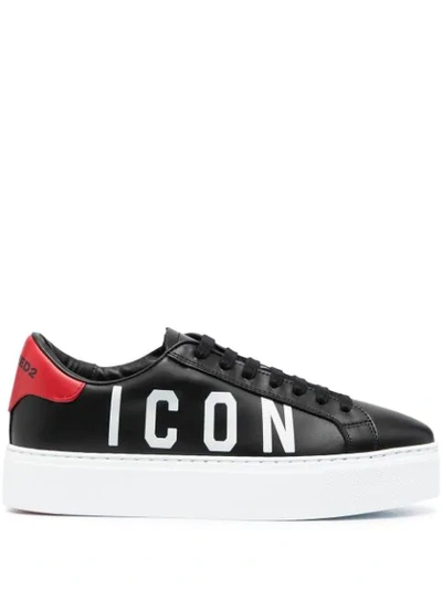 Dsquared2 Platform Sneakers In Leather With Icon Print In Black