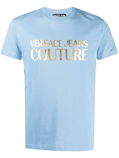 Versace Jeans Couture Men's Metallic Text Logo T-shirt In Light Blue