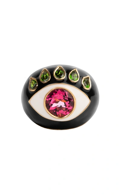 Nevernot Ready To See You 18k Yellow Gold Topaz; Diopside Enameled Ring In Black