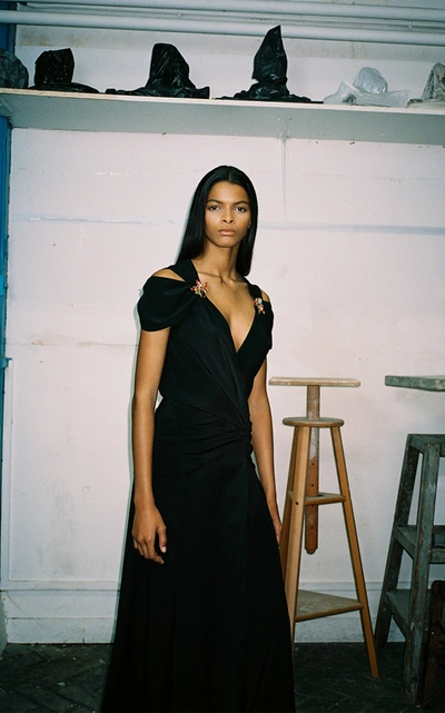 Alexandre Blanc Cold Shoulder Silk Maxi Dress In Black