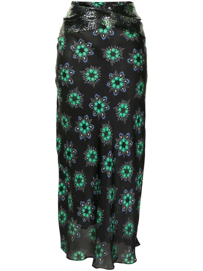 Rabanne Chainmail-trimmed Floral-print Crepe De Chine Midi Skirt In Black