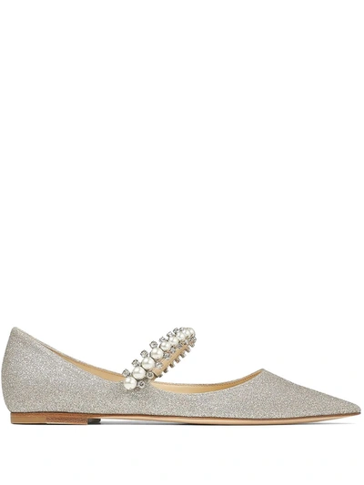 Jimmy Choo Baily Glittered Ballerina Flats With Crystal And Pearl Strap In Silver