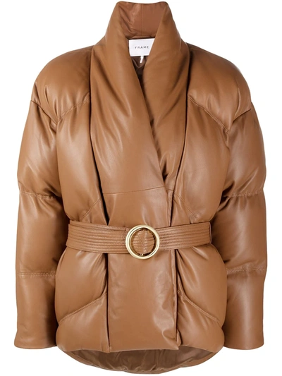 Frame Wrap Leather Puffer Jacket In Brown