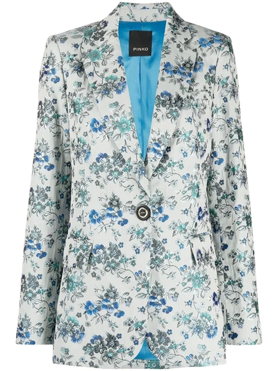 Pinko Estroso Blazer In Floral Brocade In Grey,blue,silver