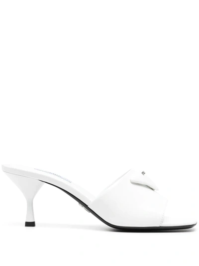 Prada Logo Triangle Kitten-heel Sandals In White