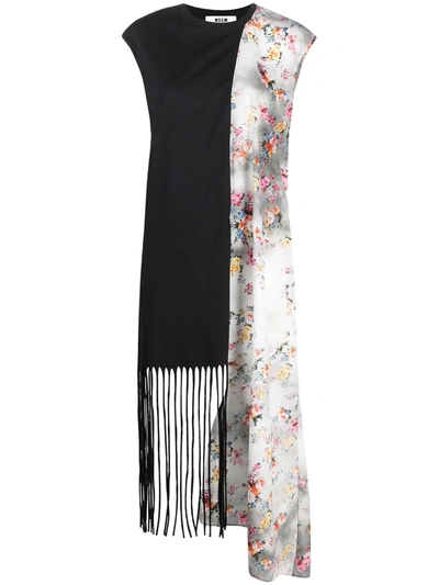 Msgm Floral-print Panelled Midi Dress In Black