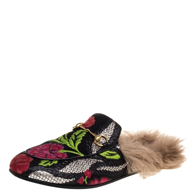 Pre-owned Gucci Multicolor Jacquard Fabric And Fur Lined Horsebit Princetown Mules Size 39