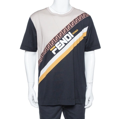 Pre-owned Fendi Black Color Block Cotton Logo Printed Roundneck T-shirt L