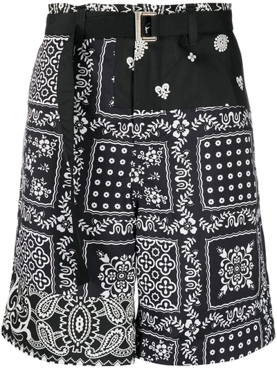 Sacai Floral-print Belted Shorts In Black