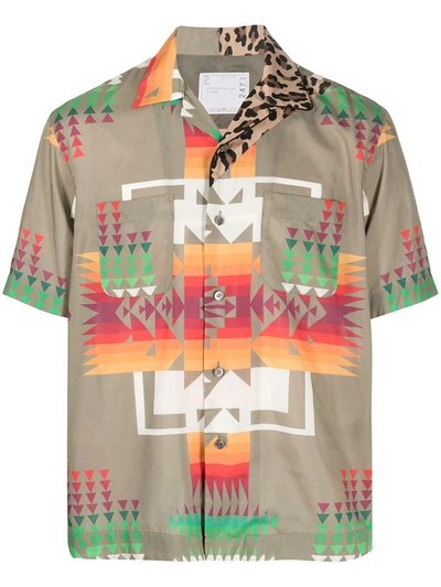 Sacai Archive Mixed Print Short Sleeve Button-up Shirt In Green