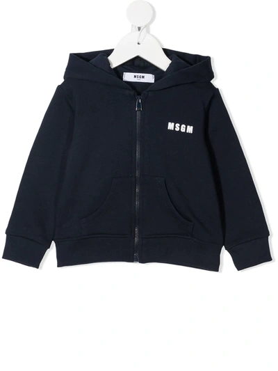 Msgm Babies' Logo-print Zip-up Hooded Jacket In 蓝色