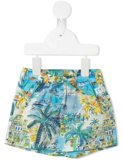 Il Gufo Babies' Seaside Town-print Drawstring Shorts In 蓝色