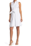 London Times Embroidered Eyelet Sleeveless Tie Waist Shirt Dress In White