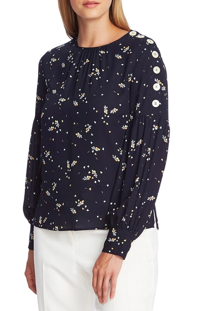 Vince Camuto Whimsical Petal Button Shoulder Bubble Sleeve Top In Caviar