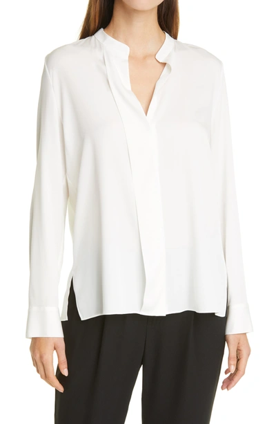 Vince Slim Fit Band Collar Stretch Silk Blouse In White