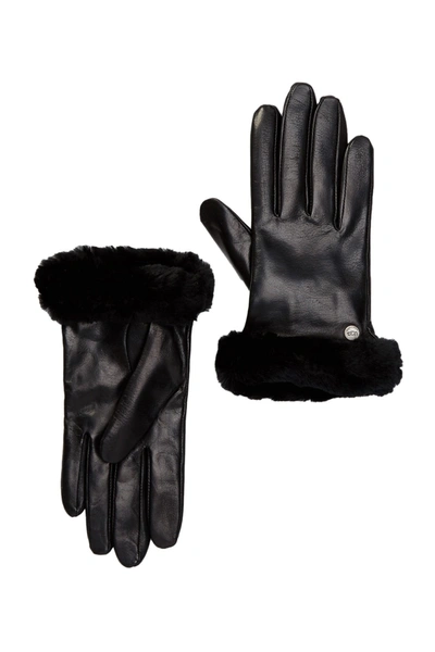 Ugg Genuine Dyed Shearling Trimmed Leather Gloves In Black