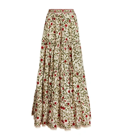 Agua By Agua Bendita Macadamia Bead-embellished Embroidered Floral-print Cotton-poplin Maxi Skirt In White