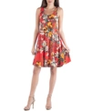 24SEVEN COMFORT APPAREL RED FLORAL PRINT A-LINE FIT AND FLARE MINI DRESS