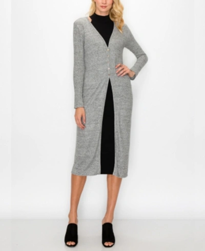 Coin Women's Cozy Front Button Up Long Sleeve Duster In Gray