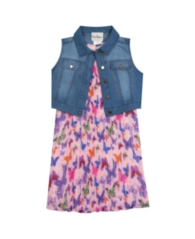 Rare Editions Kids' Toddler Girls Pleated Dress With Denim Vest In Pink