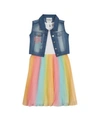 RARE EDITIONS BIG GIRLS OMBRE PLEATED DRESS WITH DENIM VEST