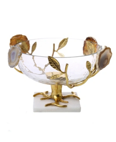 Classic Touch Glass Bowl With Leaf And Agate Stone Design In Gold