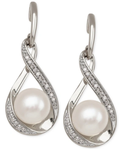Macy's Cultured Freshwater Pearl (7mm) And Diamond (1/10 Ct. T.w.) Drop Earrings In 14k Gold In White Gold