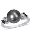 Macy's Tahitian Cultured Pearl (9-9.5mm) And Black White Diamond (1/8 Ct. T.w.) Ring In 10k White Gold In White