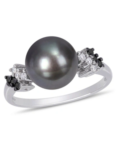 Macy's Tahitian Cultured Pearl (9-9.5mm) And Black White Diamond (1/8 Ct. T.w.) Ring In 10k White Gold